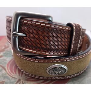 Badger Mens Belt Sz 34 Hand Tooled Moose Medallions Silver Hardwear 1.5" Wide